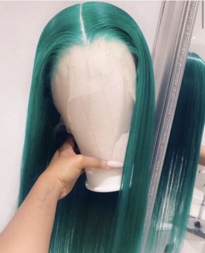 Long Silky Straight Lace Front Wig Green Synthetic Wigs Party Heat Fiber Soft