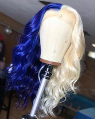 Long Wavy Lace Front Wig Half Blonde Half Blue Synthetic Hair Wigs Cosplay Party