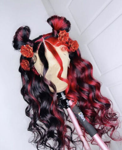 Long Curly Wavy Lace Front Wig Black Ombre Red Synthetic Hair Wigs Cosplay Party