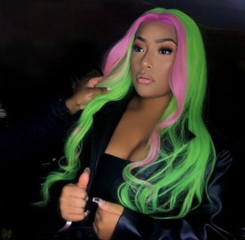 Long Wavy Lace Front Wig Green Ombre Pink Highlight Synthetic Wigs Cosplay Party