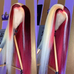 Long Straight Lace Front Wig Half Blonde Half Burgundy Synthetic Wigs Heat Fiber