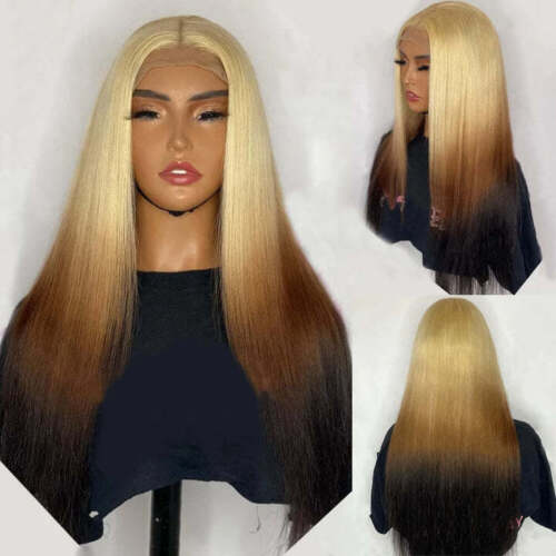 Long Straight Lace Front Wig Blonde to Brown Black Synthetic Wigs Natural Fiber