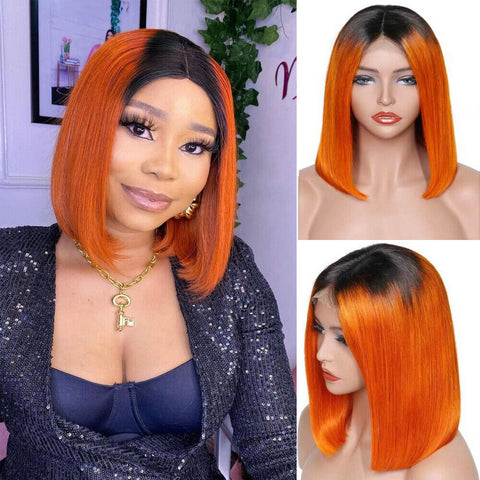 Short Bob Straight Lace Front Wig Dark Roots Ombre Orange Synthetic Wigs Fiber