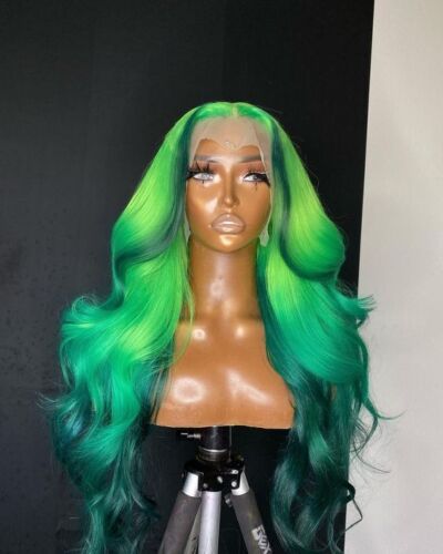 Long Body Wavy Lace Front Wig Gradient Green Highlight Synthetic Wigs Party Wear