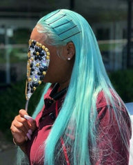 Long Straight Lace Front Wig Lake Blue Synthetic Wigs Halloween Cosplay Party