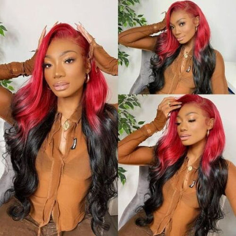 Long Body Wavy Lace Front Wig Red Gradient Black Synthetic Wigs Glueless Party