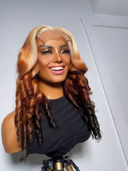 Long Wavy Lace Front Wig Blonde Gradient Brown Synthetic Wigs Vintage Heat Fiber