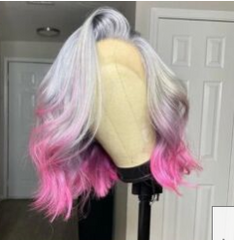 Women Lace Front Bob Wig Ombre Gray Pink Bob Wig Short Two Tone Bob Wig Full Wig