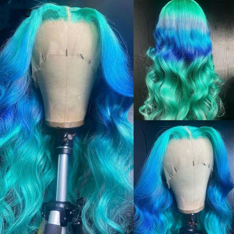 Long Ombre Blue Wigs T Lace Front Wigs Body Wave Synthetic Heat Safe Women Wigs
