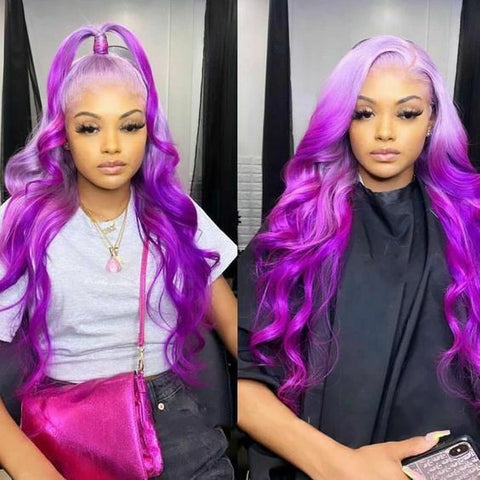 Women Long Loose Wave Light Purple And Purple Ombre Color Lace Front T Part Wigs