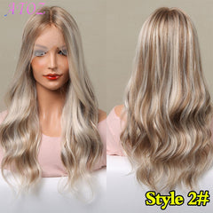 Long Body Wavy T Part Lace Front Wig Ombre Blonde Brown Synthetic Wigs Natural Soft