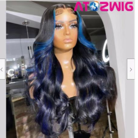 Long Loose Wavy Fashion Black Wigs with BLue Highlight Lace Front Wigs T part