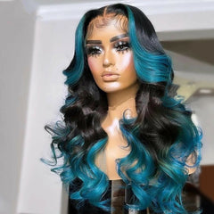 Lady Long Body Wave Wig Ombre Black Blue Wig T Part Lace Front Synthetic Wigs