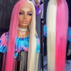 Long Silky T part Lace Front Wig Half Blond Half Pink Synthetic Wig Ombre Color