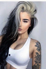 Synthetic Long Body Wave Lace Front Wigs T Part Black Wig with Gray Highlight