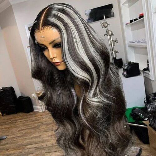 Long Black Highlight Gray Wig T Lace Front Wig Synthetic Heat Resistant Full Wig