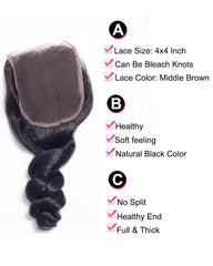 Remy Brazilian Human Hair Bundles Weaves with 4x4 Lace Closure Loose Wave Natural Color