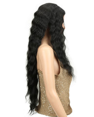 Long Black Deep Wave High Temperature Fiber Middle Part 30 Inch 150% Heavy Density Lace Front Synthetic Wigs