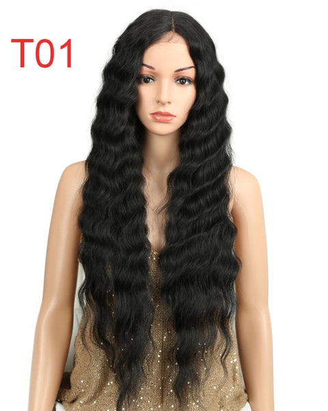Long Black Deep Wave High Temperature Fiber Middle Part 30 Inch 150% Heavy Density Lace Front Synthetic Wigs