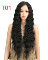 Long Black Deep Wave High Temperature Fiber Middle Part 30 Inch 150% Heavy Density Lace Front Synthetic Wigs