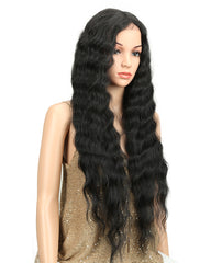Long Black Deep Wave High Temperature Fiber Middle Part 30 Inch 150% Heavy Density Lace Front Synthetic Wigs