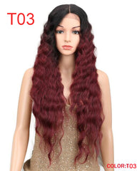 Long Black Deep Wave High Temperature Fiber Middle Part 30 Inch 150% Heavy Density Lace Front Synthetic Wigs