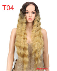 Long Black Deep Wave High Temperature Fiber Middle Part 30 Inch 150% Heavy Density Lace Front Synthetic Wigs