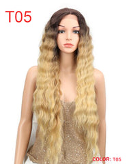 Long Black Deep Wave High Temperature Fiber Middle Part 30 Inch 150% Heavy Density Lace Front Synthetic Wigs