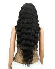 Long Black Deep Wave High Temperature Fiber Middle Part 30 Inch 150% Heavy Density Lace Front Synthetic Wigs