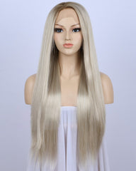 Ombre Blonde Glueless Lace Front Wigs Dark Roots  Long Natural Straight Heat Resistant Synthetic Hair 24inch