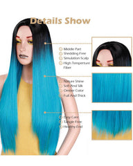Ombre Blue Green Straight Long Synthetic Wigs For Women Black Pink Wigs 24 inch can be Cosplay Wigs Heat Resistant I's a wig