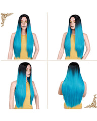 Ombre Blue Green Straight Long Synthetic Wigs For Women Black Pink Wigs 24 inch can be Cosplay Wigs Heat Resistant I's a wig
