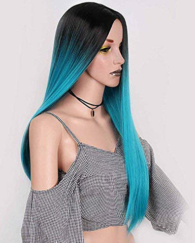 Long Straight Ombre Blue Wig for Women with Middle Part Dark Roots Costume Cosplay Wig  Heat Resistant Fiber Party Wig