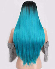 Long Straight Ombre Blue Wig for Women with Middle Part Dark Roots Costume Cosplay Wig  Heat Resistant Fiber Party Wig