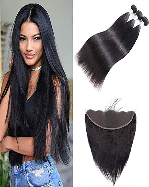 Remy Brazilian Human Hair Bundles Weaves with 13x4 Lace Frontal Straight Natural Color