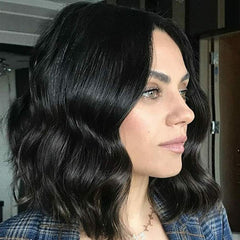 4*2 Lace Front Wig Black Short Bob Wavy Synthetic Wigs Wave Wig Middle Part Soft