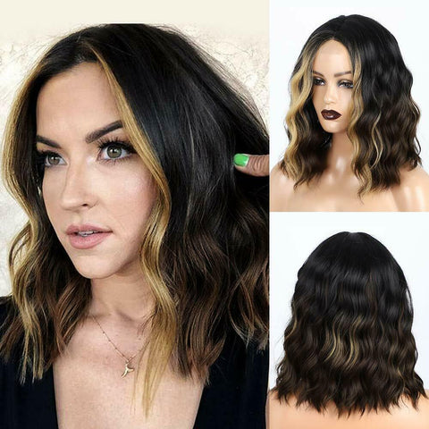 4*2 Lace Front Wigs Bob Wavy Black Brown Highlight Nautral line Synthetic Party Wigs