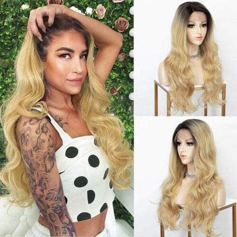 4*2 Lace Front Wig Ombre Blonde Deep Side Parting Long Wavy Synthetic Wigs