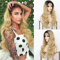 4*2 Lace Front Wig Ombre Blonde Deep Side Parting Long Wavy Synthetic Wigs