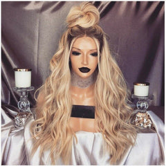 4*2 Lace Front Wig Long Wavy Full Wigs Ombre Blonde Brown root Synthetic Wigs