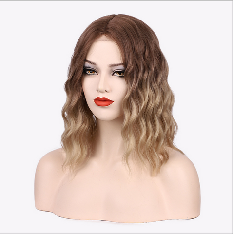 Women Ombre Brown Gold Curly Wavy Synthetic 4*2 Lace Front Wigs Synthetic For Woman