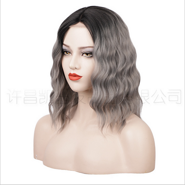 Women Ombre Dark Grey Curly Wavy Synthetic 4*2 Lace Front Wigs Synthetic For Woman