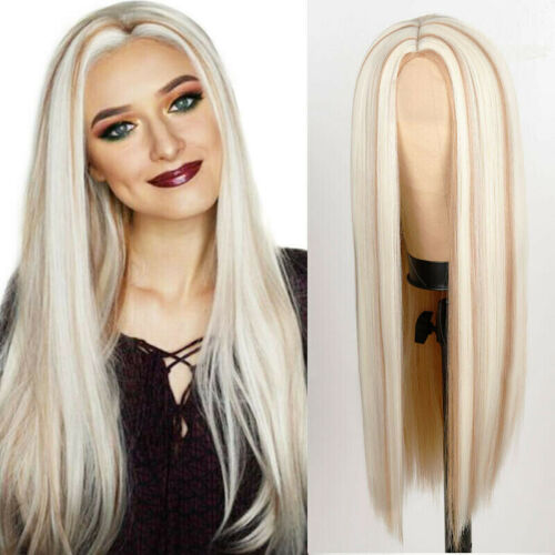 Highlight Brown Platinum Blond Synthetic 4x2 Lace Front Wig Long Straight Wigs