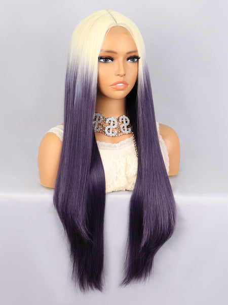 Fashion Long Straight Blonde Ombre  Dark Purple Lace Front Wigs 4x2 Lace Cosplay Synthetic Wig