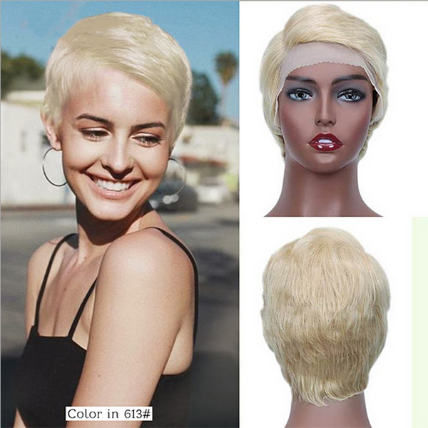Light Blonde Human Hair Wigs Short Pixie Cut Wig None Lace Natural