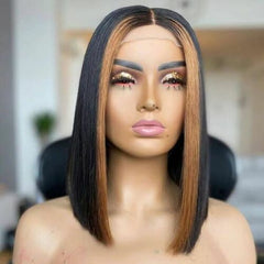 Straight Human hair Highlight Fringer Brown Black Lace Front Wig 13X4 T Part Wig