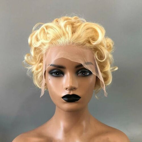 13x1 Lace Front Wigs Short Curly Light Blonde Human Hair Wig Pixie Cut Wigs