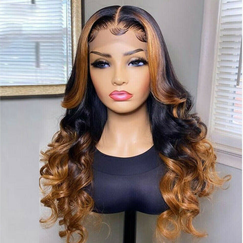 Lace Front Human Hair Wig Wavy Ombre Honey Blonde 13x4x1 Lace Front Wig Highlight