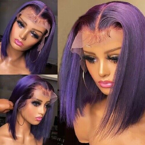 Brazilian Short Straight 13×4 T Part Lace Front Human Hair Wigs Purple Wig Soft
