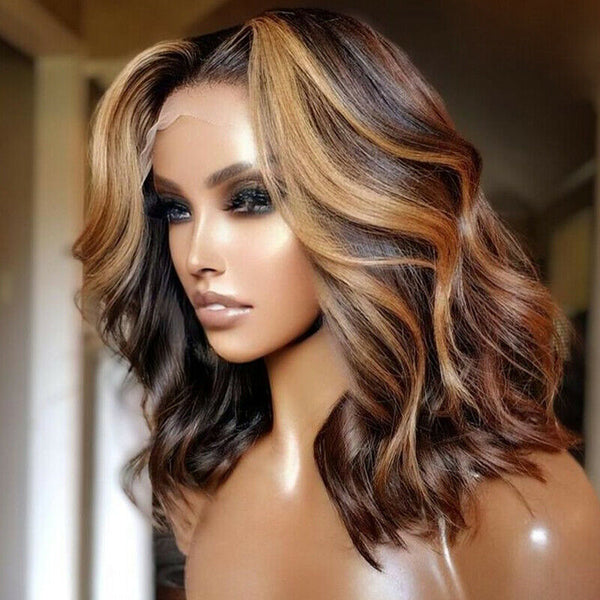 Short 13x4 TPart Lace Front Human Hair Wigs Wave Wig Highlight Ombre Brown Daily